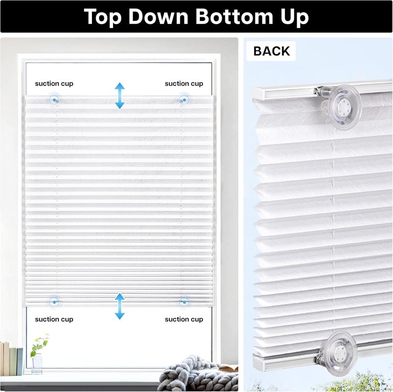 LazBlinds ستائر مطوية بدون حفر مع أكواب شفط، تصفية الضوء، من الأعلى إلى الأسفل، ستائر مطوية للنوافذ الزجاجية بحجم 29 5/8" عرض × 48" ارتفاع، أبيض - Image 4